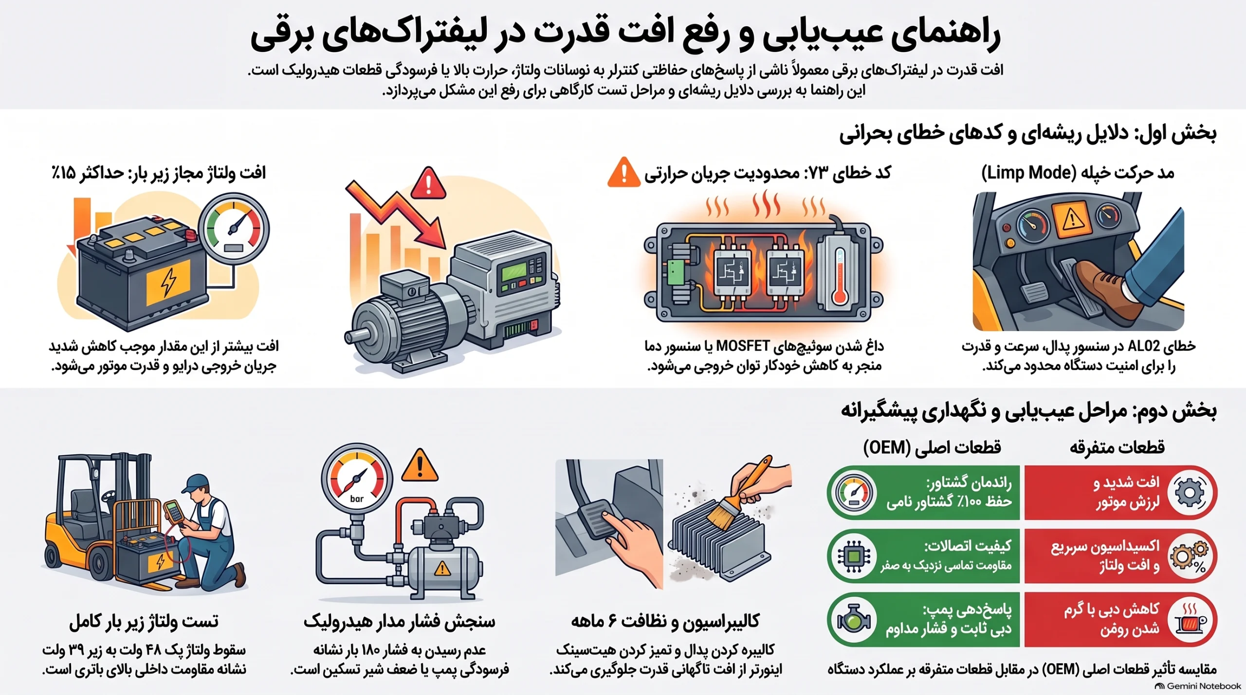 دلایل افت قدرت لیفتراک برقی و روش‌های عیب‌یابی تخصصی